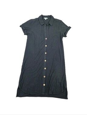 James Perse Shirt Dress Sz 4 US XL Black Button Collared Short Sleeve Stretch